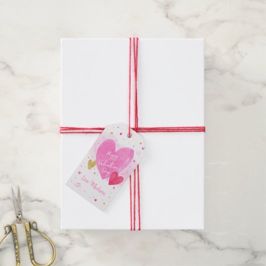 Étiquettes-cadeau Heureuse Sainte-Valentin des Coeurs d'or rose (Avec de la ficelle)