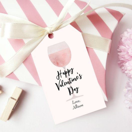 Étiquettes-cadeau Heureuse Sainte-Valentin en verre de vin rosé
