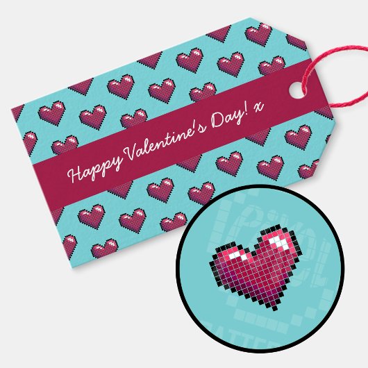 Étiquettes-cadeau Heureuse Sainte-Valentin simple Coeur Motif Pixel