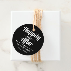 Étiquettes Cadeau Heureux toujours après noir, blanc mariage de typo