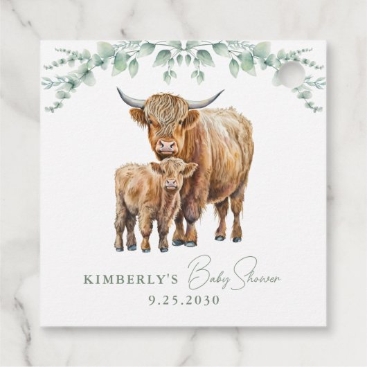 Étiquettes Cadeau Highland Cow Boho Baby shower vert Sage (Dos)