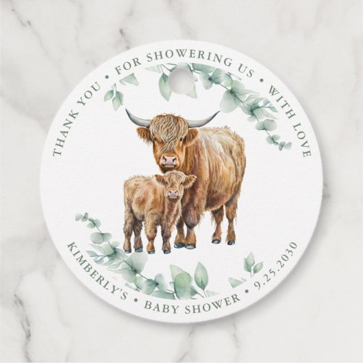 Étiquettes Cadeau Highland Cow Green Baby shower d'animaux de ferme (Dos)
