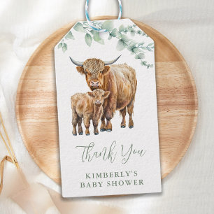 Étiquettes-cadeau Highland Cow Green Baby shower d'animaux de ferme