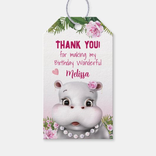 Étiquettes-cadeau Hippo rose Merci d'anniversaire (Devant)