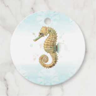 Étiquettes Cadeau Hippocampe sarcelle et or aquarelle plage côtière
