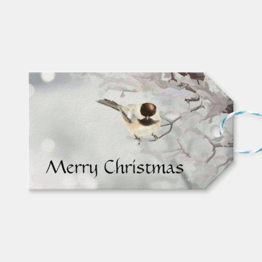 Étiquettes-cadeau Hiver Frosty Tree Chickadee Bird Nom personnalisé (Devant (Horizontal))