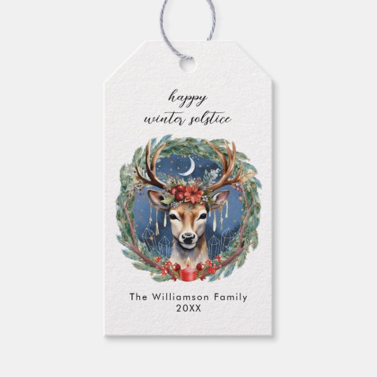 Étiquettes-cadeau Hiver Solstice vacances Deer Wreath Yule Noël (Devant)