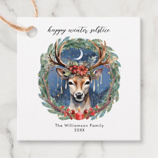 Étiquettes Cadeau Hiver Solstice vacances Deer Wreath Yule Noël (Devant)
