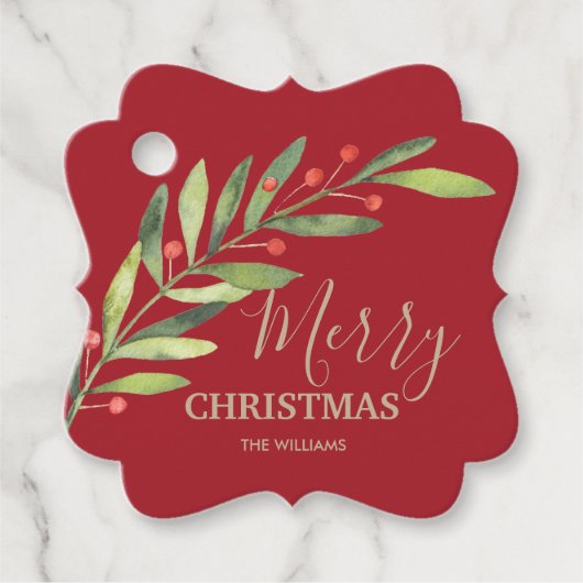 Étiquettes Cadeau Holly and Berries on Red Merry Christmas Bracket (Devant)