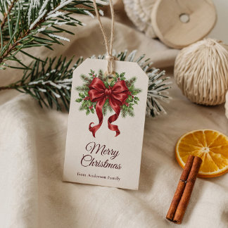 Étiquettes-cadeau Holly Berry Élégant Joyeux Noël Ruban Rouge