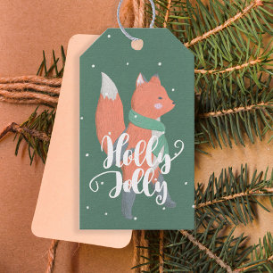 Étiquettes-cadeau Holly Jolly Little mignon Orange Fox Hunter Green