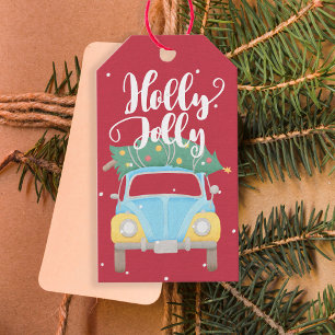 Étiquettes-cadeau Holly Jolly vintage voiture coloré Noël