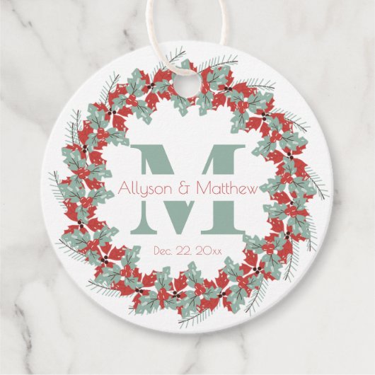 Étiquettes Cadeau Holly Wreath Mariage de Noël Monogramme | Nom (Devant)