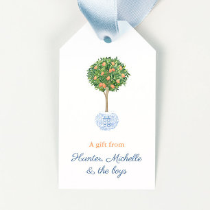 Étiquettes-cadeau Hôtesse d'arbre topiaire ciel bleu orange citrine