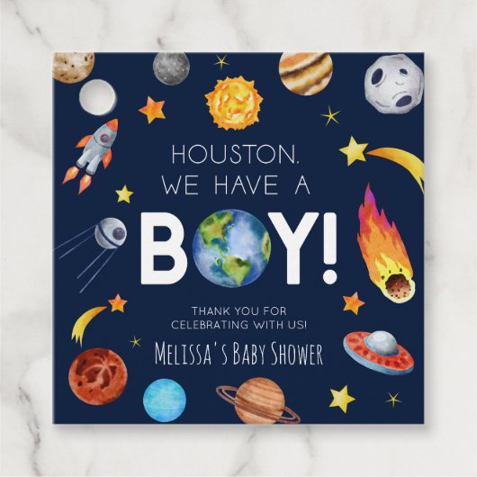 Étiquettes Cadeau Houston Nous Avons Un Baby shower Boy Space Galaxy (Devant)