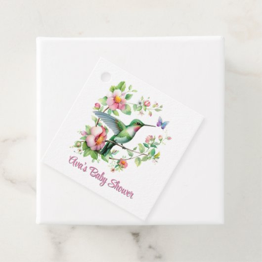 Étiquettes Cadeau Hummingbird and Butterfly Girl Baby shower Merci U (En situation)