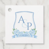 Étiquettes Cadeau Hydrangée bleu classique Monogramme Mariage Crest (Devant)