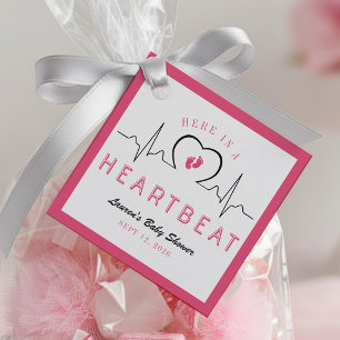 Étiquettes Cadeau Ici dans un Moniteur Cardiaque Rose Baby Shower