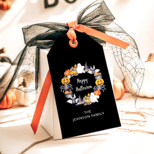 Étiquettes-cadeau Illustration de Halloween heureuse en noir mignon