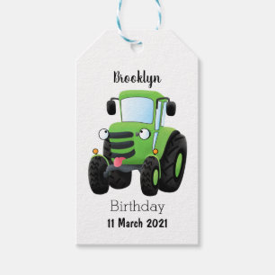 Étiquettes-cadeau Illustration du joli joyeux tracteur agricole vert