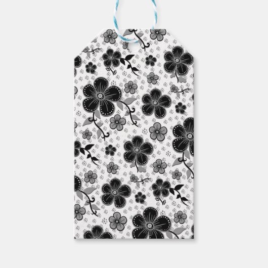 Étiquettes-cadeau Impression florale noire et blanche (Devant)
