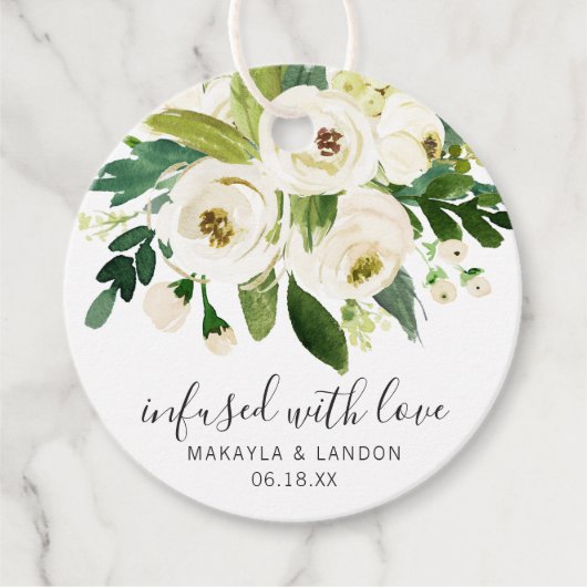 Étiquettes Cadeau Infusé Avec Amour Élégant Mariage Floral Blanc (Devant)