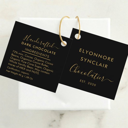 Étiquettes Cadeau Ingrédients du Chocolat Noir Black Gold Script