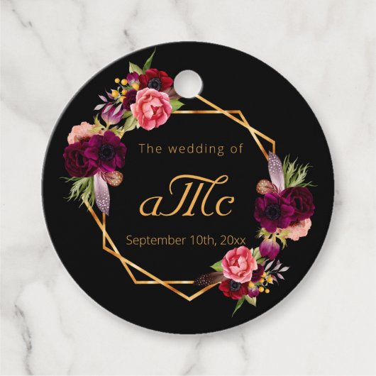Étiquettes Cadeau initiales de monogramme floral noir mariage (Devant)