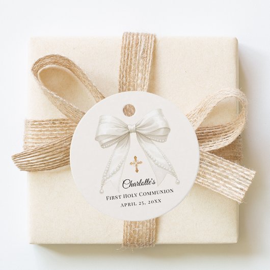 Étiquettes Cadeau Ivory bow pearls First Holy Communion DIY