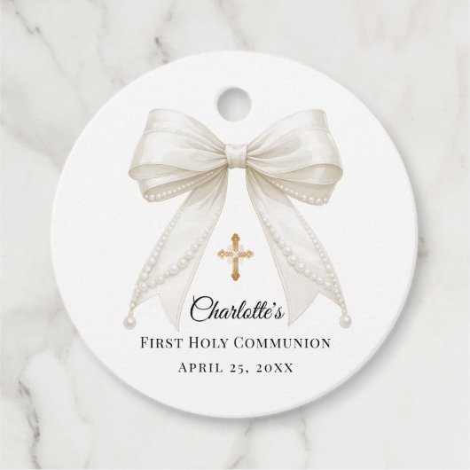 Étiquettes Cadeau Ivory bow pearls First Holy Communion DIY (Devant)