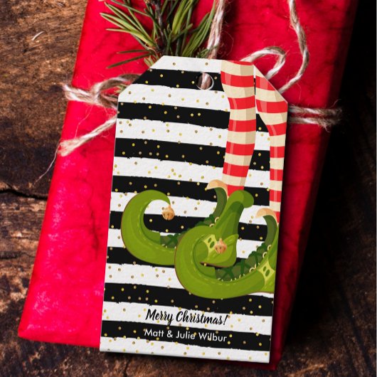 Étiquettes-cadeau Jambes elfes sur bandes noires et blanches