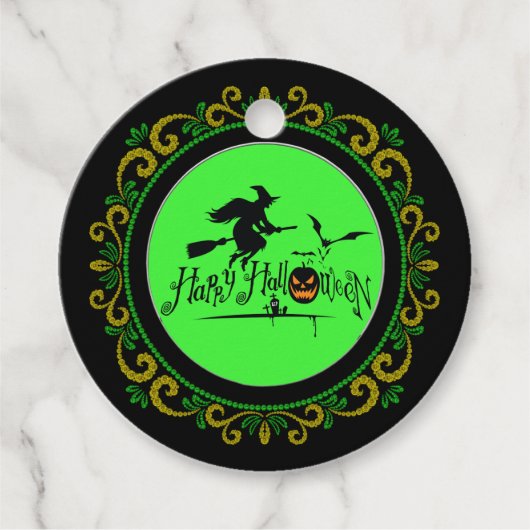 Étiquettes Cadeau Jaune Vert Joyeux Halloween sorcière et chauves-so (Devant)