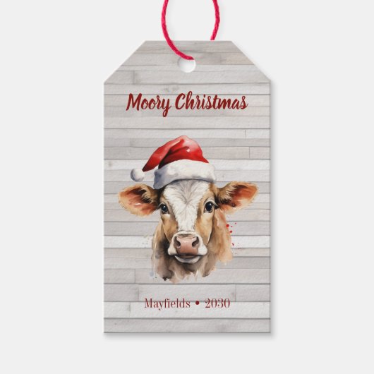 Étiquettes-cadeau Jersey Cow, Barn Wood, "Moory Christmas" (Devant)