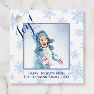 Étiquettes Cadeau Joie ! Fun Blue Snowflakes Cadre photo de Noël