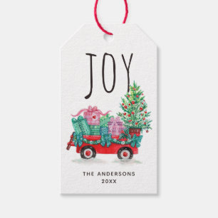 Étiquettes-cadeau Joie. Joli sapin de Noël et boîte vacances d'hiver