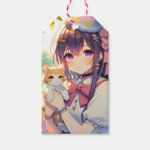Étiquettes-cadeau Joli Anime Holding Kitten Girl'Anniversaire
