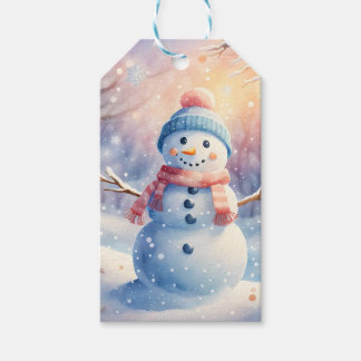 Étiquettes-cadeau Joli bonhomme de neige aquarelle dans un pays des