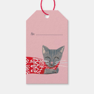 Étiquettes-cadeau Joli Chat gris de Noël rose Vacances