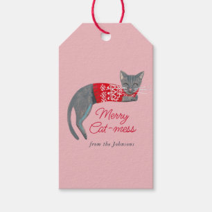 Étiquettes-cadeau Joli chat gris de Noël rose Vacances