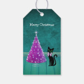 Étiquettes-cadeau Joli chat noir Bow Pink Christmas Tree Turquoise (Dos)