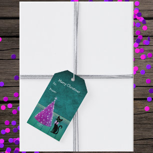 Étiquettes-cadeau Joli chat noir Bow Pink Christmas Tree Turquoise