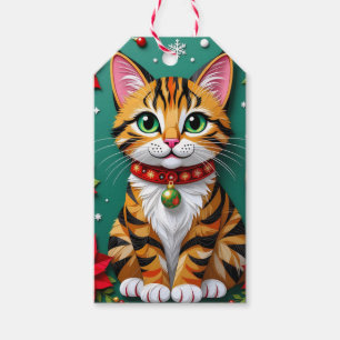 Étiquettes-cadeau Joli chat orange et Noël au poinsettia
