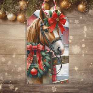Étiquettes-cadeau Joli Cheval Brown dans Red Bow Noël