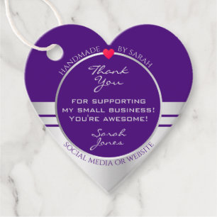 Étiquettes Cadeau Joli coeur violet et Merci d'emballage en argent