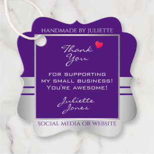 Étiquettes Cadeau Joli coeur violet et Merci d'emballage en argent