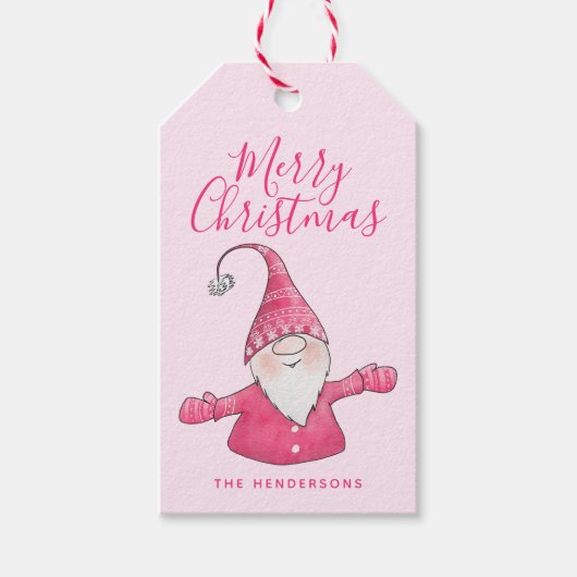 Étiquettes-cadeau Joli Gnome Monogramme rose Joyeux Noël (Devant)