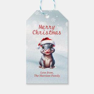 Étiquettes-cadeau Joli Hippopotame Santa Hat Snowy Noël