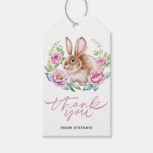 Étiquettes-cadeau Joli lapin à la couleur de l'eau et fleurs roses A