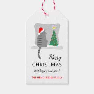 Étiquettes-cadeau Joli Meowy Noël Arbre Chat Neige