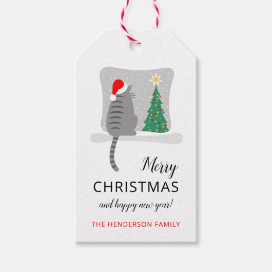 Étiquettes-cadeau Joli Meowy Noël Arbre Chat Neige (Devant)